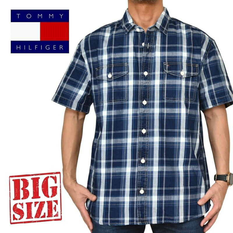 気が大きい大きさメンズ トミーヒルフィガー TOMMY HILFIGER 半袖 プルオーバー インディゴ 読み合わせる ジーンズプルオーバー Indigo Plaid Short Sleeve Shirt XL