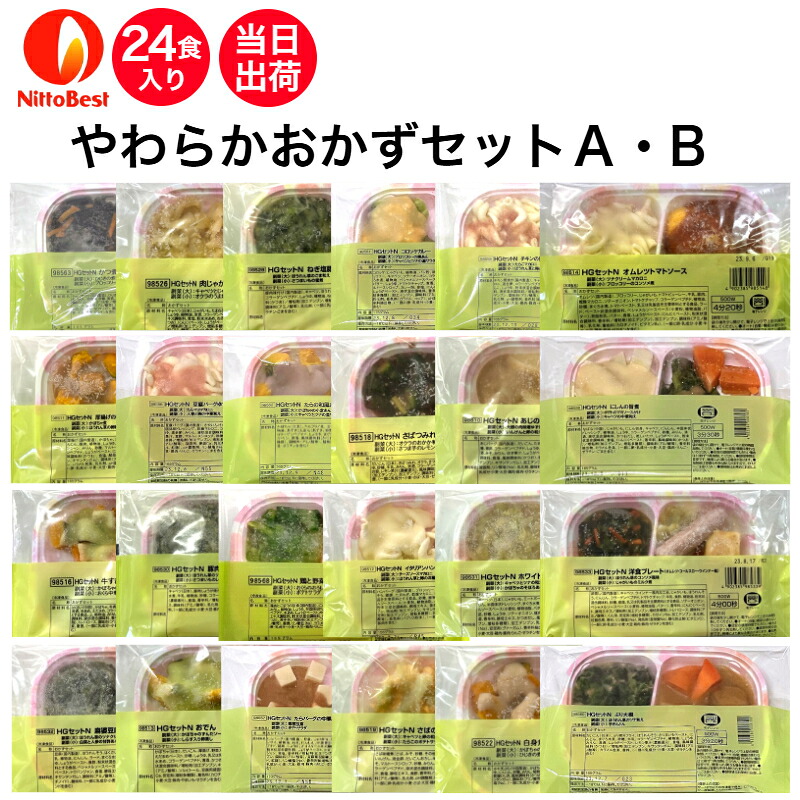 【介護食】日東ベスト やわらかおかずセットA・B 24食入り 当日発送 冷凍 弁当 冷凍食品 やわらかい食事 ミキサー食 刻み食 ペースト食 ホスピタグルメ 惣菜 送料無料|デリキューブ店