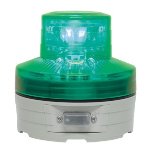 日恵製作所 ■型式:VL07B-003BG □電池式LED警告灯 ニコUFO[VL07B-B型] □サイズ(mm):Φ76 □色:緑(G) □電源(電池):3V(単3×2) □動作方式:自動 □点滅:72回／分 □回転:270回／分 □固定方式:磁石