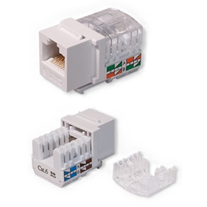 ヘラマンタイトン LANコネクタ ■型式：MJC6-90 □カテゴリ：Cat6 □色： 　ハウジング：白 　キャップ：透明 □仕様： 　モジュラージャック 110タイプ 　90°型RJ45(8極) 　シールドなし Cat6 □適合電線：22～26AWG(Cat6単線)
