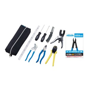 ホーザン ■形番:DK-26 □電気工事士技能試験 工具セット □電工ドライバー(+)No.2 □マイナスドライバー(-)5.5 □VVFペンチ:P-59-175 □ウォーターポンププライヤー:P-244 □圧着工具:P-738 □VVFストリッパー □電工ナイフ □布尺