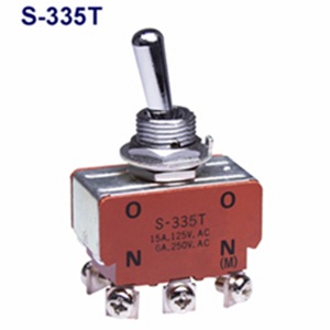 NKKスイッチズ小っちゃいオンオフスイッチ(典型)■型：S-335T□電気回路：2極双投□端子部つら構え：ねじ端子□役立つこと動くこと：ON-〈ON〉□電流電気容量(持ちこたえる厄介なもの)：15A 125V AC□ダイアログボックス初っ切り遣りくち：ねじ取り付け