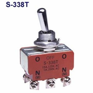 NKKスイッチズ小形トグルスイッチ(基本形)■型式：S-338T□回路：2極双投□端子部形状：ねじ端子□機能動作：〈ON〉-OFF-〈ON〉□電流容量(抵抗負荷)：15A 125V AC□パネル取付方法：ねじ取付け