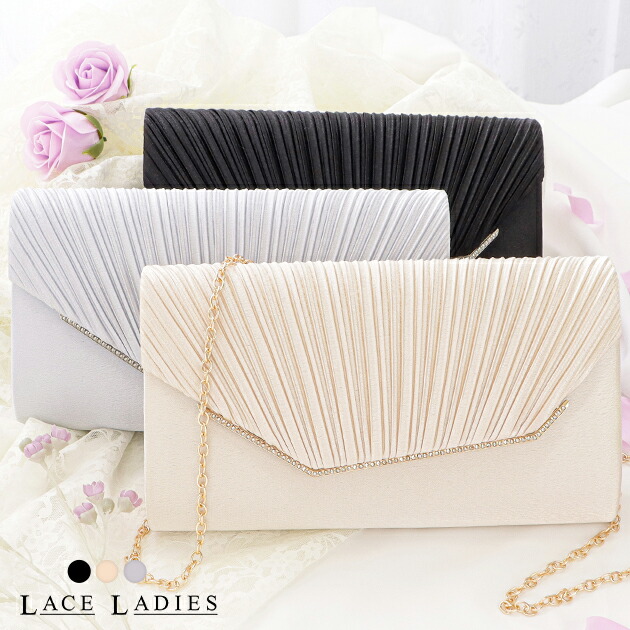 ベージュ プリーツ パーティーバッグ ビジュー付き ビジューハンドルレースプリーツパーティーバッグ「c」-RUIRUE BOUTIQUE