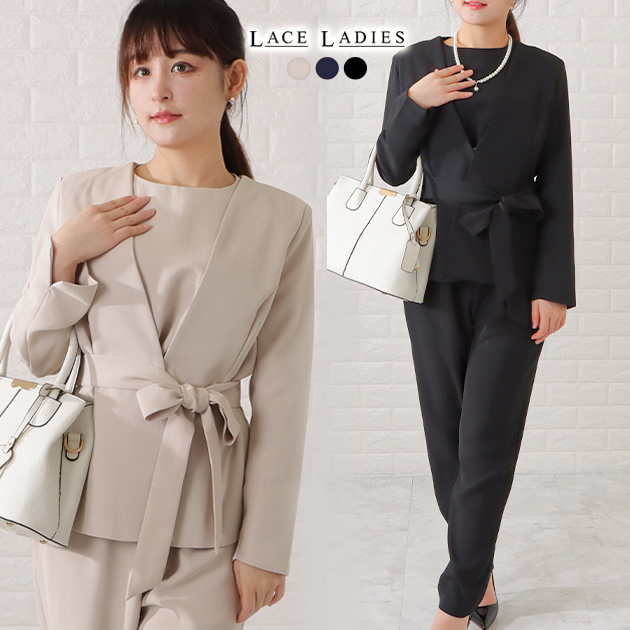 ノーカラージャケット&オールインワンセットアップ 2点セット レディース 女性 スーツ ドレス セレモニー フォーマル ノースリーブ オールインワン リボン ウエスト ジャケット ノーカラー ベルト 七五三 卒入学 シンプル 無地