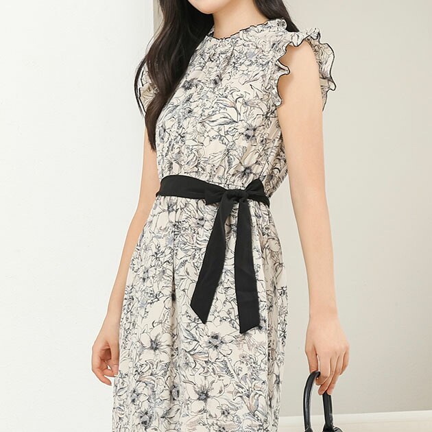 楽天市場】フリルカラー ノースリーブ 花柄 ギャザー ワンピース 女性