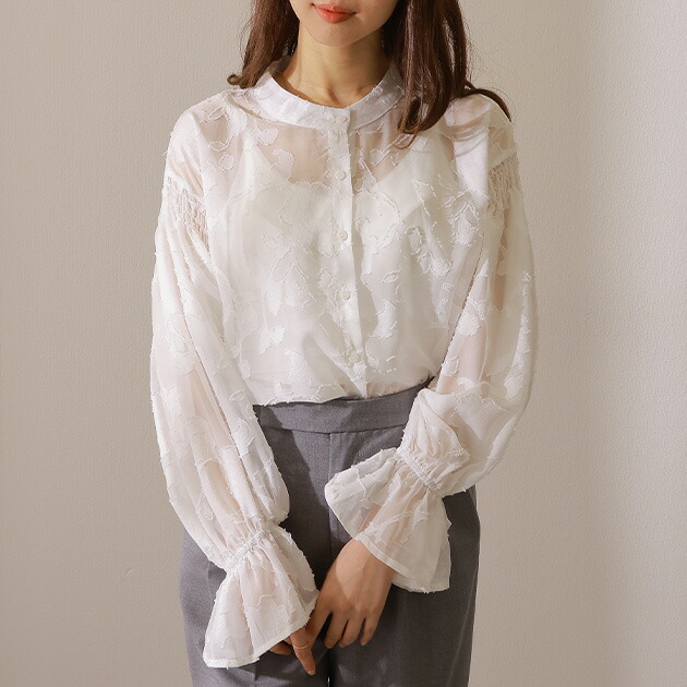 楽天市場】バンドカラー キャンディ袖 花柄 シアー ブラウス 女性