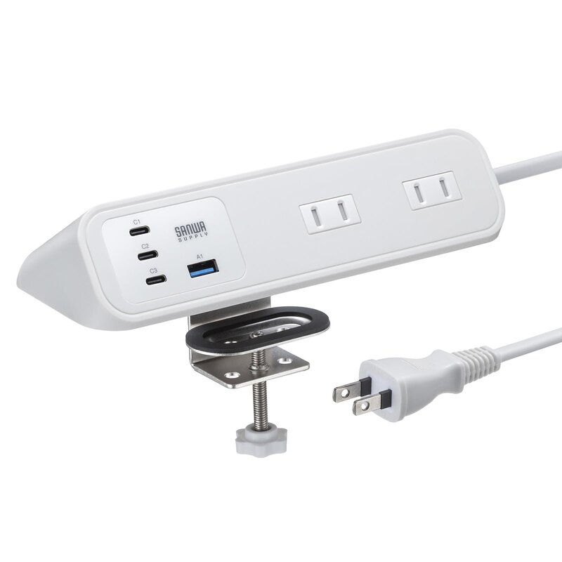 サンワサプライ クランプ据えつける式水道栓（AC4個口＋USB-C×3＋USB-A×1・PD65W・白いこと） TAP-B114UC-2W
