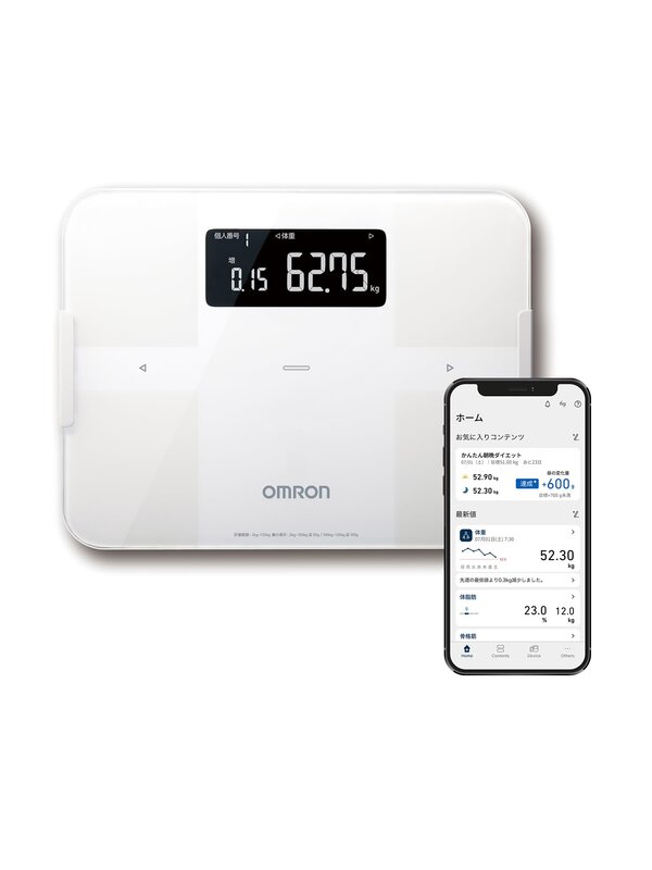 オムロン 体重 体組成計 カラダスキャン ホワイト KRD-603T2-W スマホ連動 データ自動転送自動認識 乗るだけで測定開始 50g単位 BMI 骨格筋率 体脂肪率|denit_shop店