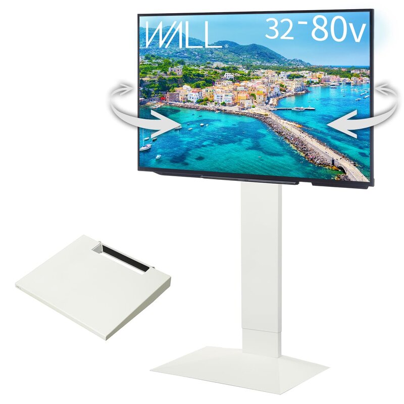 WALL【 グッドデザイン賞受賞 】 V3 SW テレビスタンド + 棚板レギュラーサイズ付き セット 首振り 特許取得済み 3Dベース 壁掛け風 ハイタイプ サテンホワイト 耐震 震度7対応 高さ9段階調整 32~80インチ対応 白 ホワイト 取り外し|denit_shop店