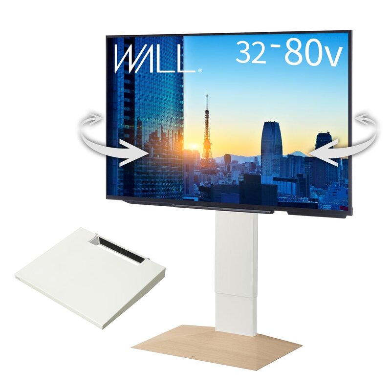 WALL【 グッドデザイン賞受賞 】 V3 SW テレビスタンド + 棚板レギュラーサイズ付き セット 首振り 特許取得済み 3Dベース 壁掛け風 ロータイプ ホワイトオークベース 耐震 震度7対応 高さ5段階調整 32~80インチ対応 白 ホワイト 取|denit_shop店