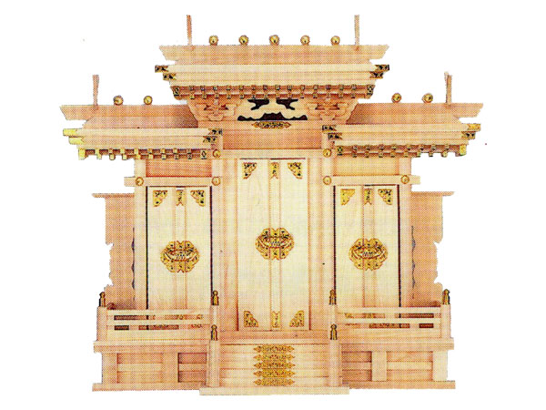 神棚【勢揃え組付大屋根食い違い三社・特大（ひのき）】