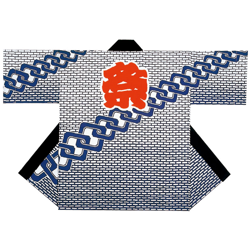 法被 半纏 半被 半天 袢天 絵の具染め (白) 綿100% 祭文字記号レンガ地紋に吉原繋ぎ 儀式用 お召しもの 大祭 祭禮 神輿 でき事 夏儀式用 秋祭り まつり はんてん はっぴ ハッピ 男女兼用