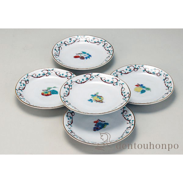 九谷焼 皿揃 小紋果実絵変わり 4.6号 ( 母の日 早割 プレゼント 初任給 和食器セット お皿 揃える 食器 和食 九谷焼 結婚 出産 内祝い 引き出物 金婚式 誕生日プレゼント 還暦祝い 古希 喜寿 米寿 退職 定年 プレゼント お祝い お返し お礼 令和 両親 父 母 男性 )