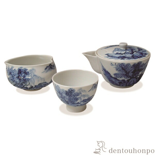 小茶器揃 染山水 宝瓶1個・さまし1個・碗5個セット ( 名入れ有料 清水焼 京焼 結婚 出産 内祝い 引き出物 金婚式 誕生日プレゼント 還暦祝い 古希 喜寿 米寿 退職 定年 プレゼント お祝い お返し お礼 令和 両親 父 母 男性 女性 )