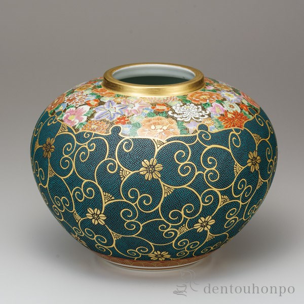 正規品 楽天市場 九谷焼 花瓶 本金青粒花詰 10号 木箱名入れ可 木札名入れ可 母の日 プレゼント 初任給 プレゼント 祖父母 花器 大きい フラワーベース 大きな 置物 九谷焼 周年 創立 上場 竣工 開店 事務所移転 開業 プレゼント お祝い お返し お礼 21 令和