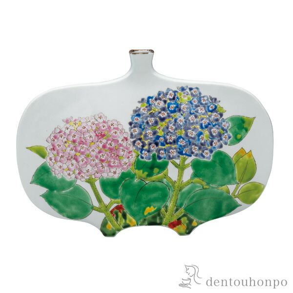 扁壷 紫陽花 11号 木札名入れ可 花器 大きい フラワーベース 大きな 置物 九谷焼 周年 創立 上場 竣工 開店 事務所移転 開業 プレゼント お祝い お返し お礼 21 令和 海外 日本 取引先 法人 日本製 おすすめ おしゃれ かわいい 可愛い