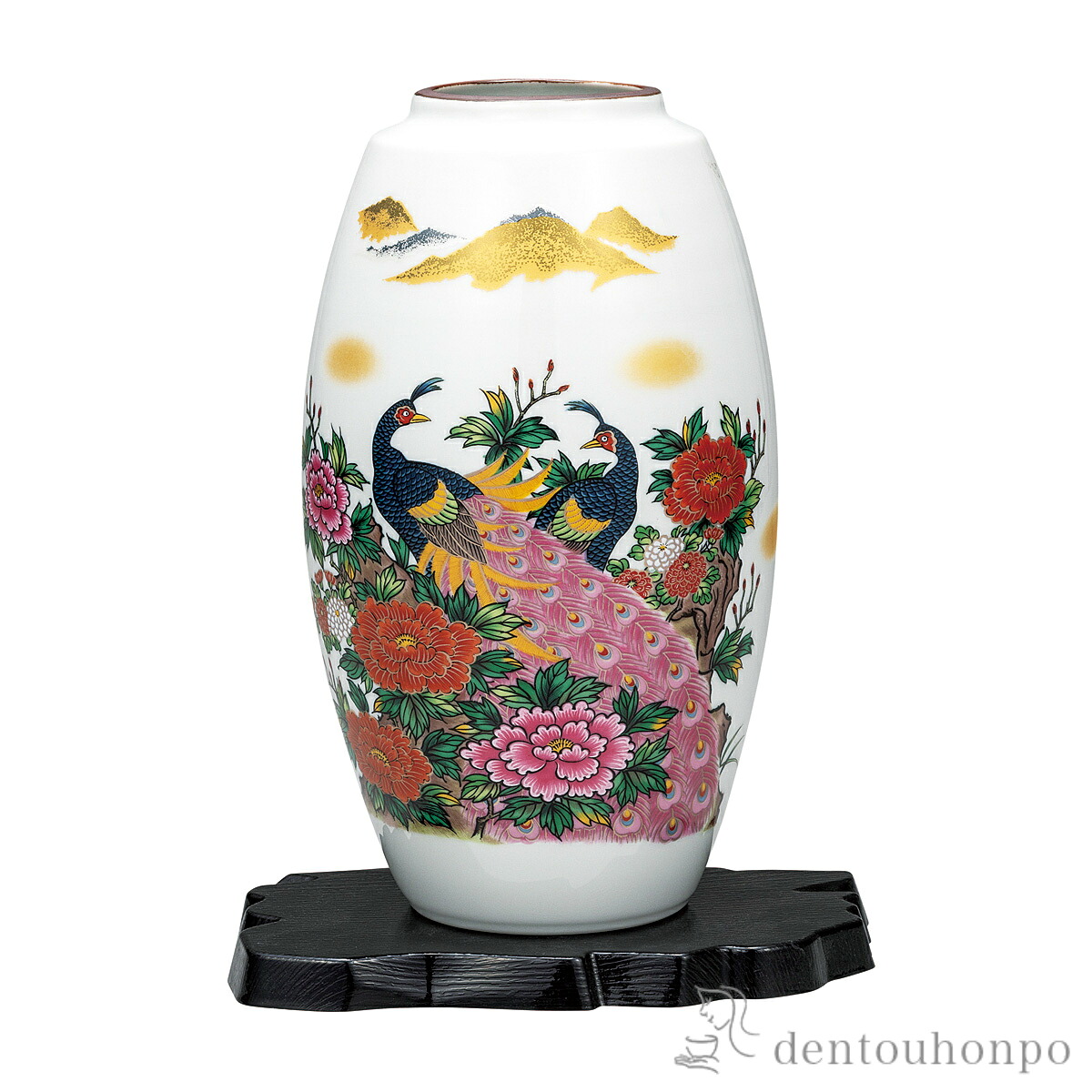 花瓶 色牡丹孔雀 9号 台付 ( 木札名入れ有料 母の日 早割 プレゼント 初任給 ガラス フラワーベース 花器 一輪挿し おすすめ 九谷焼 周年 創立 上場 竣工 開店 事務所移転 開業 プレゼント お祝い お返し お礼 令和 海外 日本 取引先 法人 日本製 おすすめ 仏壇 仏具 )