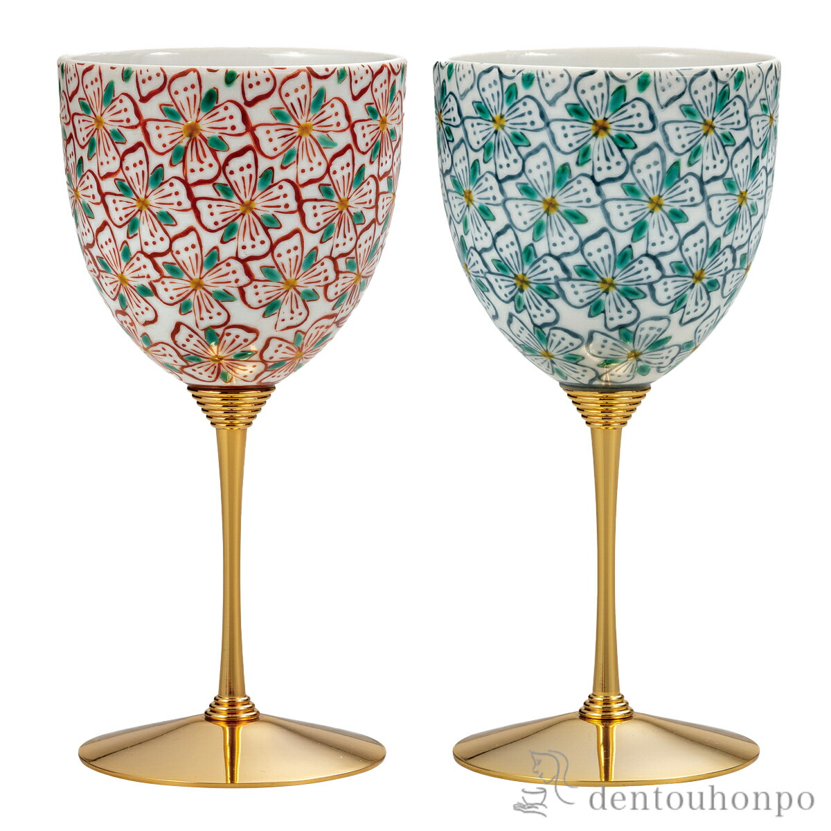 2042 九谷焼 丸文赤絵 ペアワインカップ 2042 九谷焼 丸文赤絵 ペア