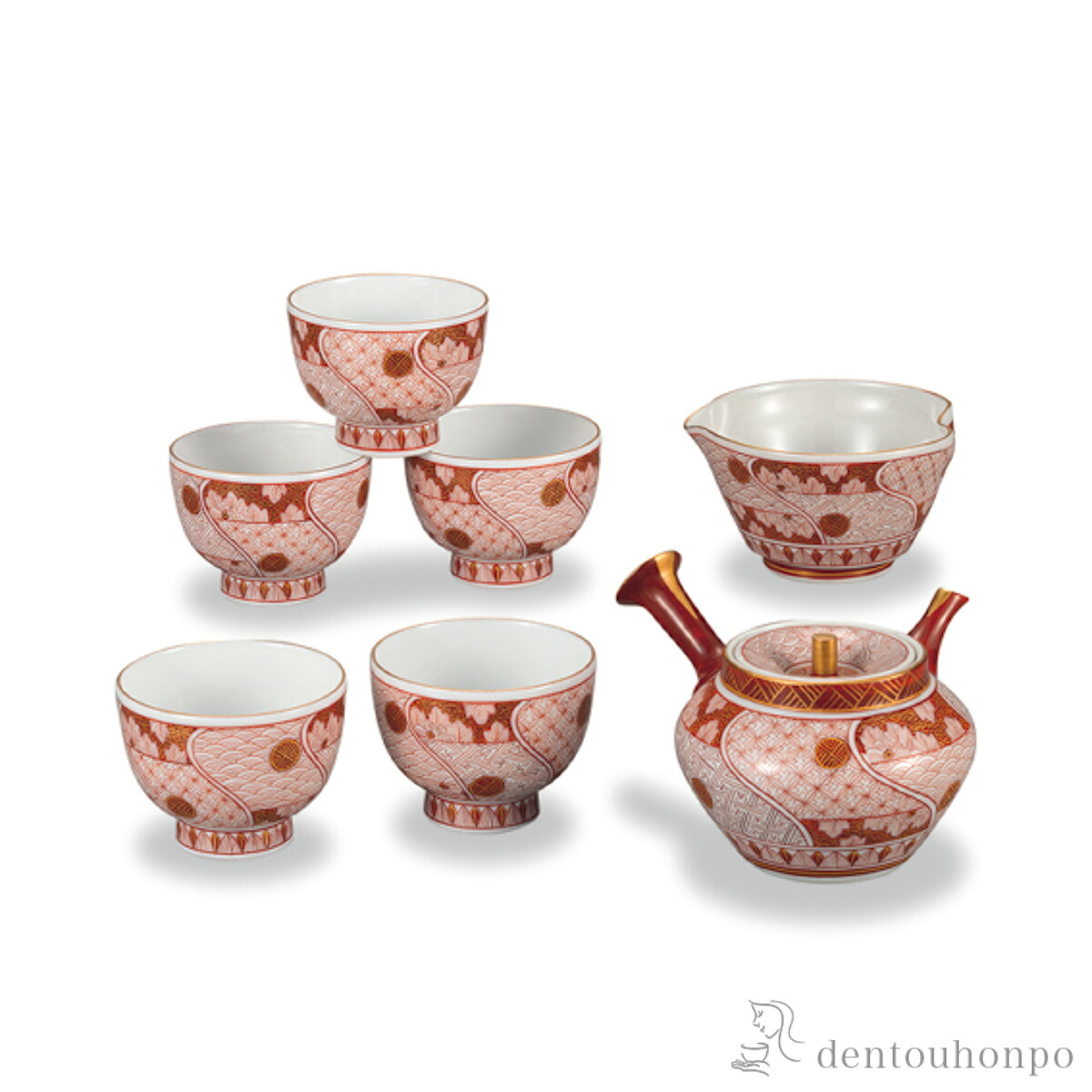小茶器揃 赤絵小紋 ( 木箱名入れ有料 茶器セット 急須 湯呑み 日本茶 中国茶 九谷焼 結婚 出産 内祝い 引き出物 金婚式 誕生日プレゼント 還暦祝い 古希 喜寿 米寿 退職 定年 プレゼント お祝い お返し お礼 令和 両親 父 母 男性 女性 日本製 おすすめ おしゃれ )