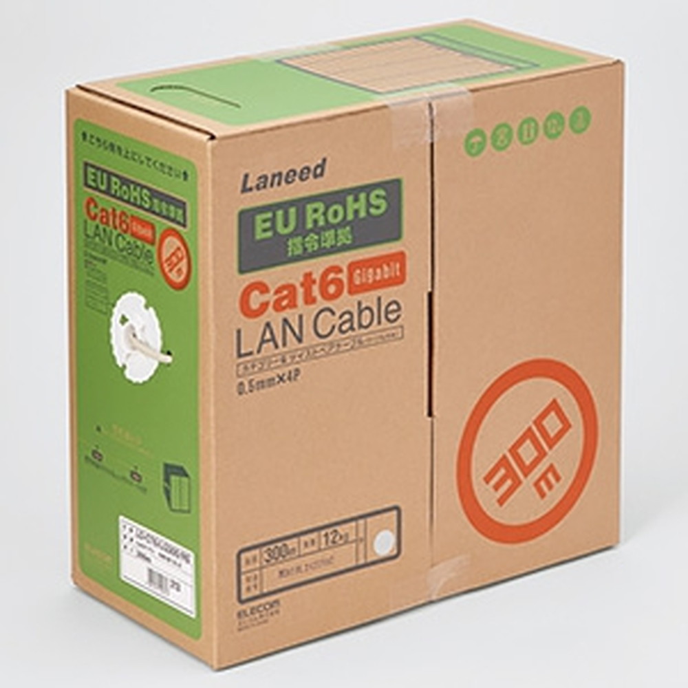 ELECOM 自作用LANケーブル ケーブルのみ CAT6対応 レングスマーク付 環境配慮パッケージ 長さ300m ライトグレー LD-CT6/LG300/RS|電材堂