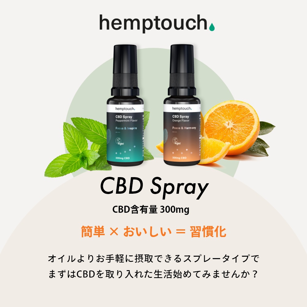 ヘンプタッチ CBDスプレー CBD含有300mg MCT インスパイア オレンジ味Hemptouch オーガニック カンナビジオール ハーモニー  ピース フォーカス ペパーミント味 マウススプレー 入門 内容量20ml 初心者 手軽 落ち着き 集中 舗 CBD含有300mg