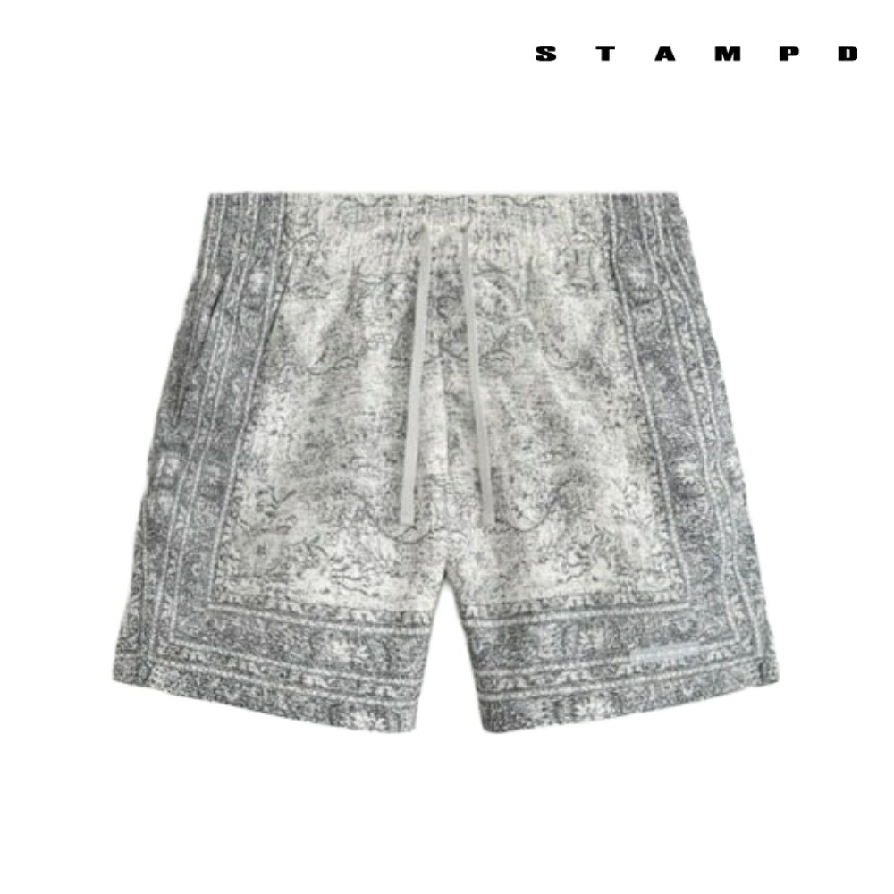 【マラソン中P10】STAMPD スタンプド SS25 Rug Trunk V3 SLA-M3879SH-RPN メンズ ショーツ ショートパンツ 短パン 水陸両用 グレー 総柄 水着 サーフパンツ ウエストバンド ストレッチ デジタルプリント シームポケット ベルクロフラップ 防水ジッパー|DEPARTMENTSTORES