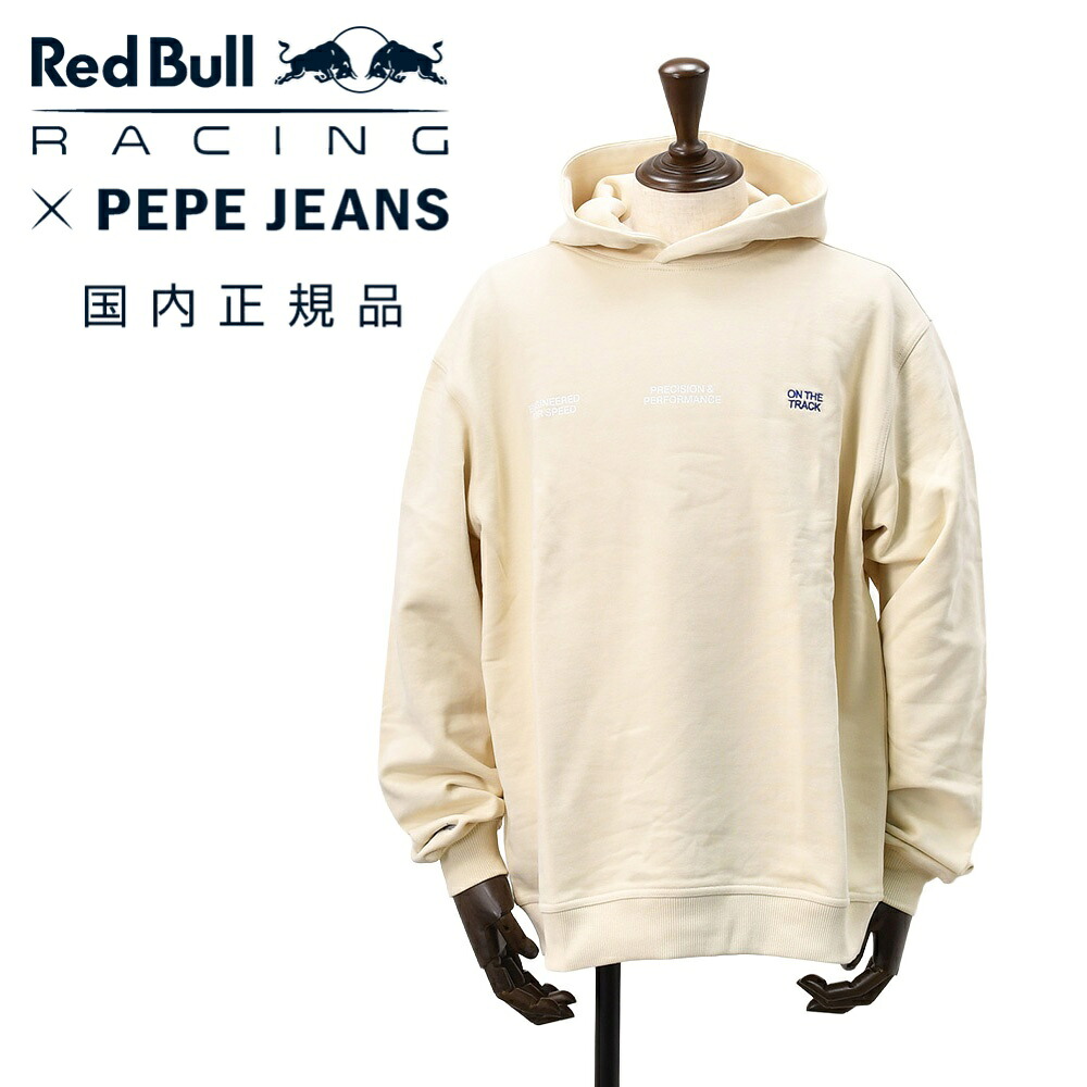 ぺぺジーンズ×レッドブル レーシング　　Pepe Jeans×Red Bull RACING プルオーバーパーカー メンズ フーディー スウェット生地 アイボリー 背面サーキット刺繍 裏パイル ルーズフィット 国内正規品 オクテット