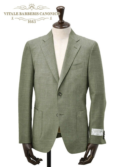 ヴィターレ バルベリス カノニコ　　VITALE BARBERIS CANONICO シングルジャケット メンズ 2つ釦フロント Vintage ヴィンテージシリーズ リネン混 ウールシルク オリーブ ノッチドラペル Superlativo スペルラティボ 日本製