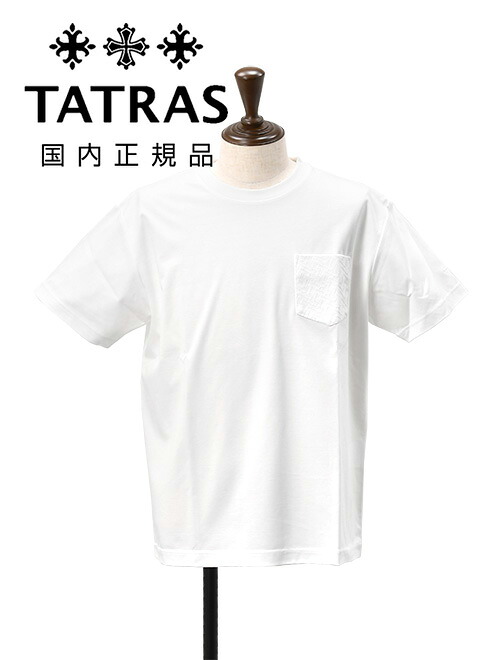 タトラス　　TATRAS 半袖Tシャツ メンズ クルーネックカットソー ピライノ PIRAINO ホワイト 白 コットンジャージー モノグラムパターン胸ポケット 左袖ブランドアイコン リラックスシルエット 国内正規品 でらでら公式 ブランド｜メンズセレクトshopオクテット公式