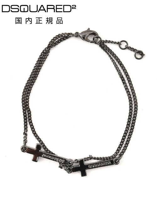 【スプリング50】ディースクエアード　　DSQUARED2 ブレスレット メンズ Jesus Bracelets 2連クロスチェーン ルテニウムブラック リング調節式 ユニセックス 真鍮 ジュエリー 国内正規品 でらでら 公式ブランド