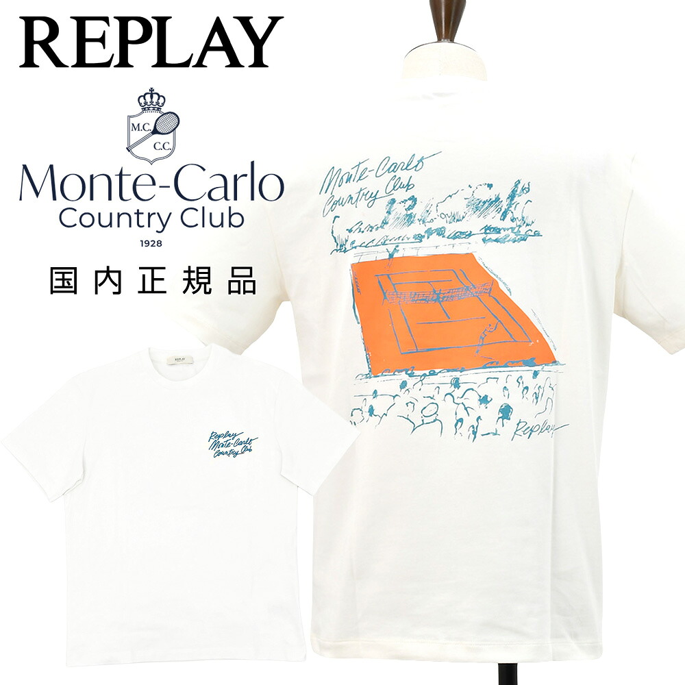 【ファイナル20】リプレイ×モンテカルロ カントリークラブ REPLAY×Monte Carlo Country Club 半袖Tシャツ メンズ クルーネックカットソー コットンジャージー オフホワイト バッグプリント オーバーサイズ 国内正規品 でらでら 公式ブランド|でらでら メンズセレクトショップ