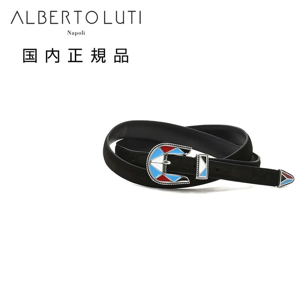 アルベルト ルティ　　ALBERTO LUTI　レザーベルト メンズ プンターレ カーフスエードレザー ブラック 黒 2.5cm幅 ガラスバックル ブランド刻印 国内正規品 でらでら 公式ブランド