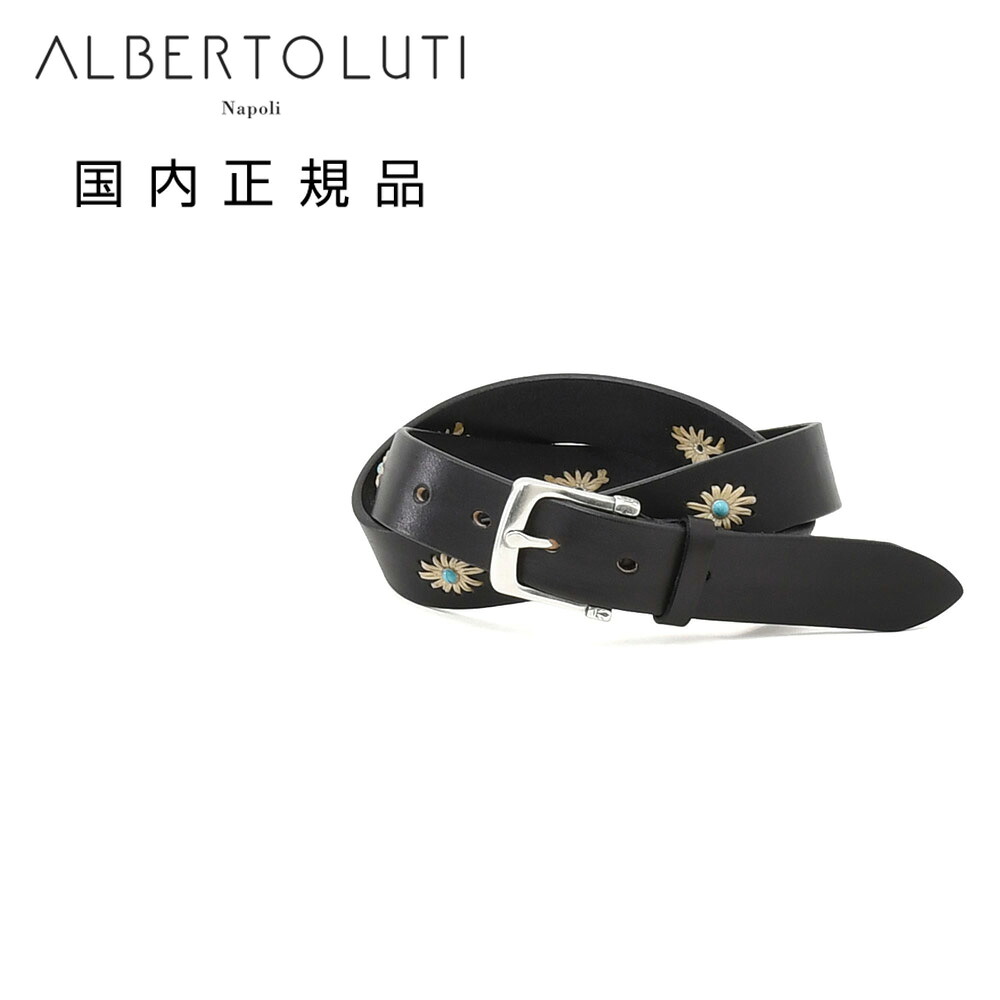 アルベルト ルティ　　ALBERTO LUTI　レザーベルト メンズ ターコイズ装飾ベルト カーフスムースレザー ブラック 黒 3cm幅 アンティーク真鍮バックル ブランド刻印 国内正規品 でらでら 公式ブランド