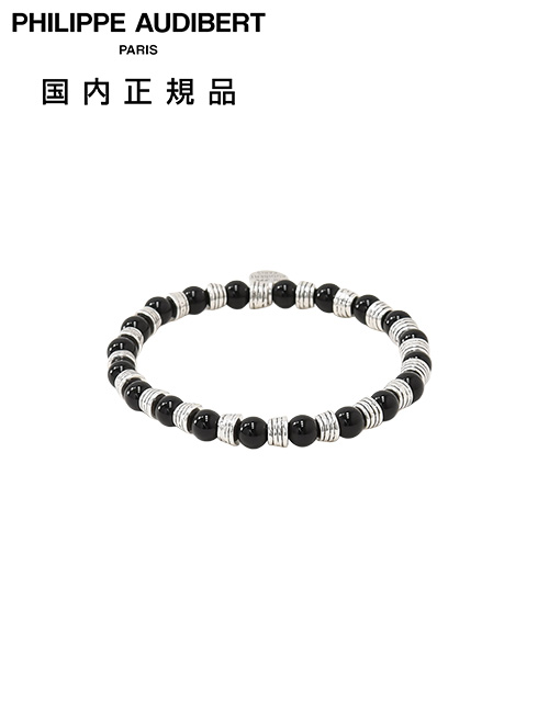 【エントリーでポイント7倍】フィリップ オーディベール　　PHILIPPE AUDIBERT ブレスレット メンズ ELVIRE BRACELET ビーズパーツ シルバー&times;ブラック ゴム仕様 アクセサリー ブランド刻印プレート フランス製 国内正規品 でらでら 公式ブランド｜でらでら メンズセレクトショップ