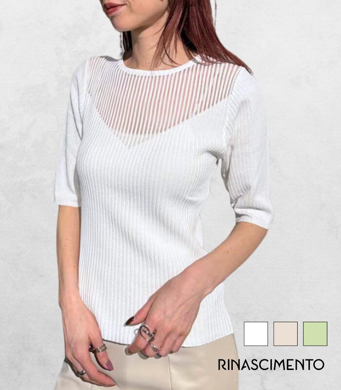 【RINASCIMENTO】デコルテ透け感リブニットTOPS デコルテシアー リブニットトップス レディース シアーニット リブニット 透け感トップス フェミニン 上品 きれいめ インポート