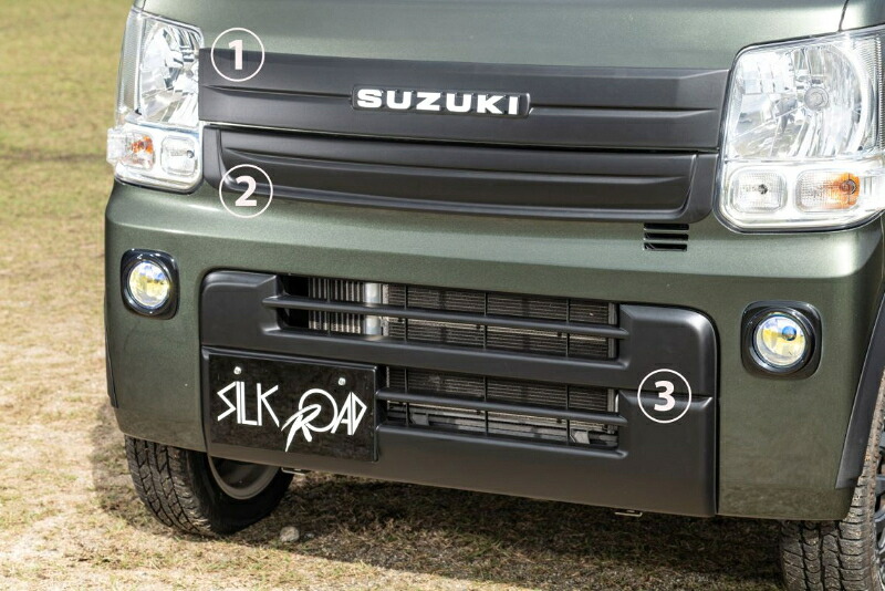 SILKROAD シルクロード SUZUKI エブリィ バン DA17V ガーニッシュ 3点セット ブラックマット 625-O53SMB | カーパーツ 外装 エクステリア ドレスアップ 外装カスタム カーカスタム 傷防止 泥よけ 泥ハネ 泥はね 飛び石 保護 フロント｜DE（desir de vivre）