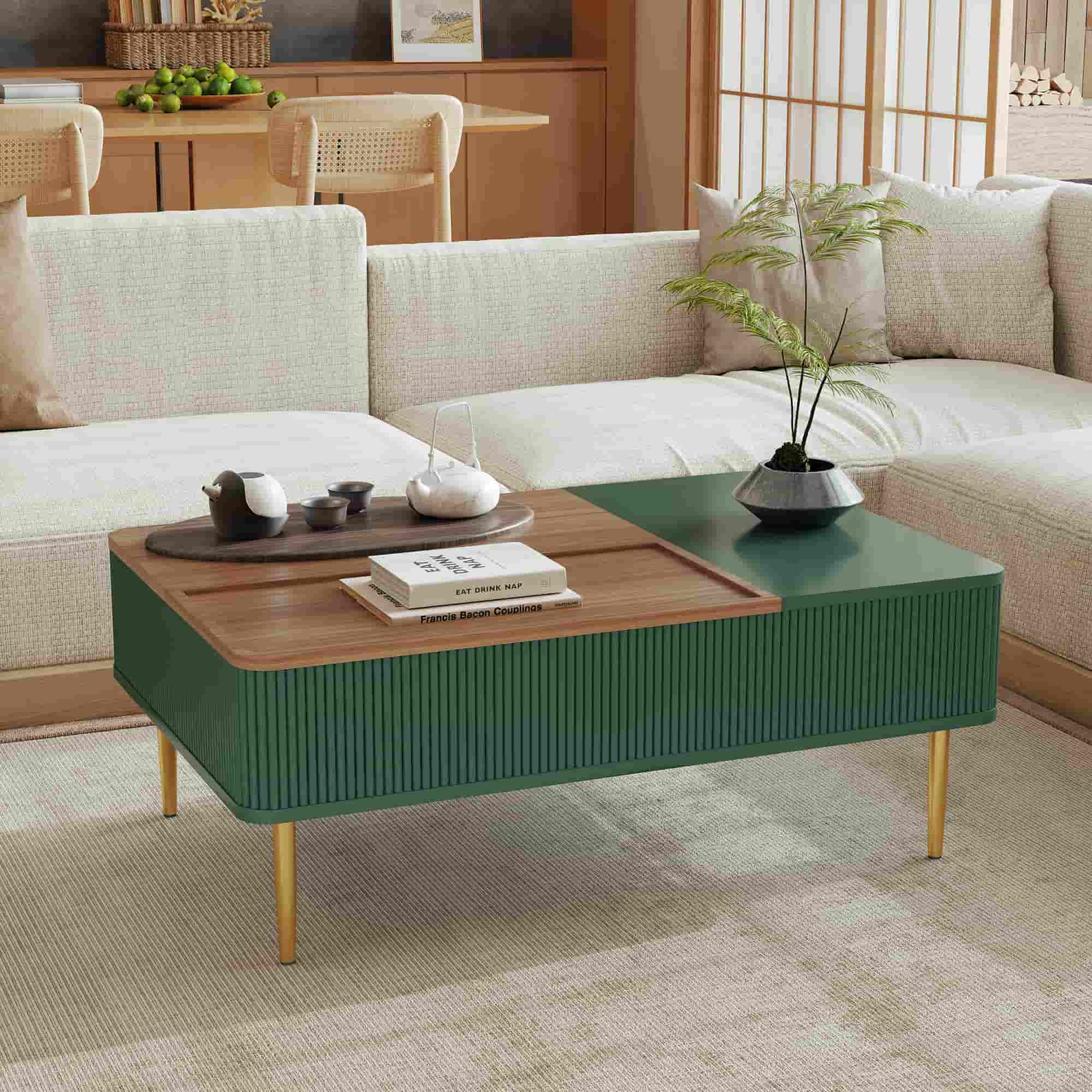 [お買い物マラソン! 4/4 20:00-4/10 1:59] HOLTICO ローテーブル 昇降式 センターテーブル 幅120cm 木製 グリーン 収納テーブル リフティングテーブル コーヒーテーブル リビングテーブル 高さ調整 大容量 隠す収納 天板昇降 北欧風 おしゃれコンパクト 省スペース 組立簡単