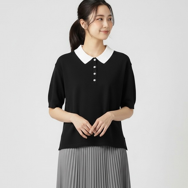 ププラ ( PUPULA )ミラノリブ 鹿の子織り バイ色合い ポロニットプルオーバー【レディース流行り物 30代 40代 50代 60代】【映像 掲げる】