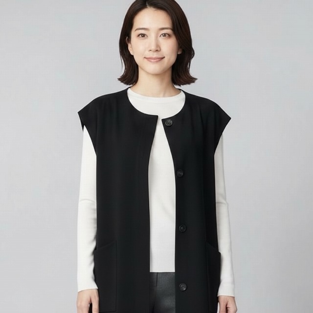 ププラ ( PUPULA )スナップボタン ポケットトリム ミドルレングス ジレベスト【レディースファッション 30代 40代 50代 60代】【動画掲載】|Listyc
