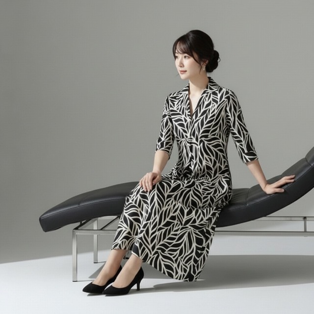 PUPULA (ププラ） リーフプリント スキッパー5分袖ワンピース【レディースファッション 30代 40代 50代 60代】【動画掲載】