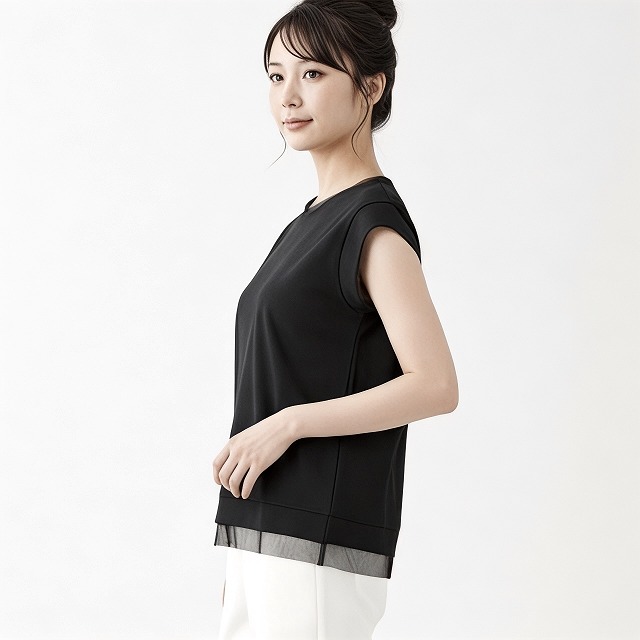 ププラ ( PUPULA ) アナイアスムースコットン チュールトリム カットソー【レディース流行り物 30代 40代 50代 60代】 Tシャツ・カットソー-レディースファッション-トップス