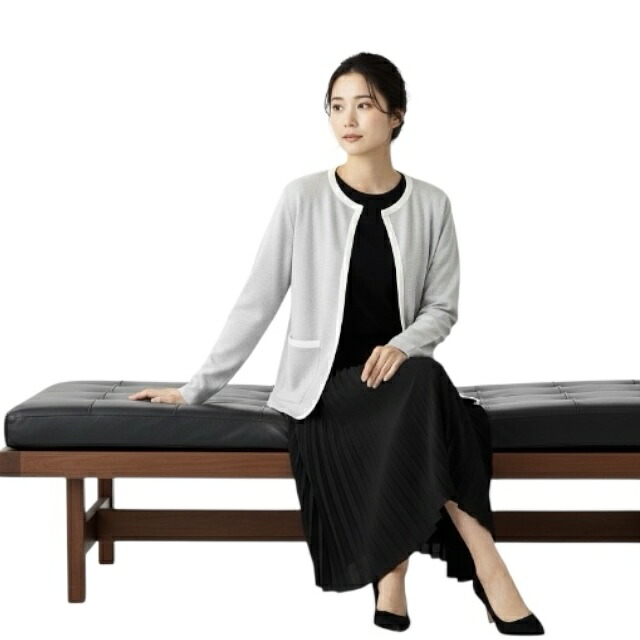 PUPULA ププラ バイカラーライン コットンノーカラー ニットジャケット【レディースファッション 30代 40代 50代 60代】【動画掲載】 20,790円