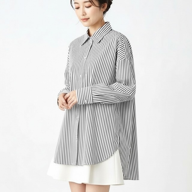 PUPULA(ププラ） コットンストレッチ ストライプ オーバーシャツブラウス【レディースファッション 30代 40代 50代 60代】【動画掲載】