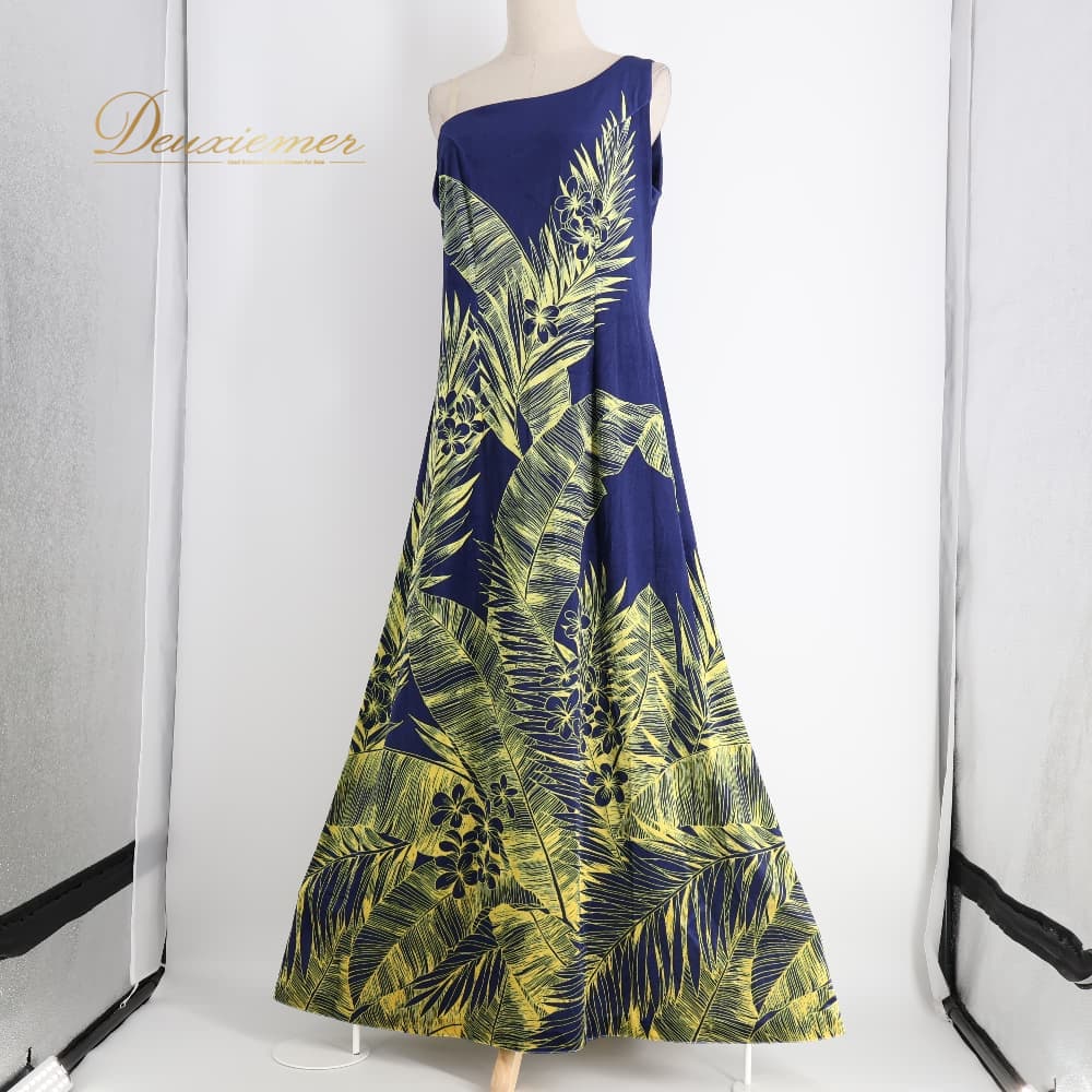 【中古】 ALOHA STANDARDS アロハスタンダード フラダンス 衣装 ワンピース ドレス ネイビー系 ブルー系 プルメリア柄 花柄 紺 青 黄 袖なし 日本製 光沢 ベロア 高級感 かわいい フラ ダンス ダンス衣装 イベント ステージ 大きめ イエロー系 XLサイズ B046-2512019013868|deuxiemer 店