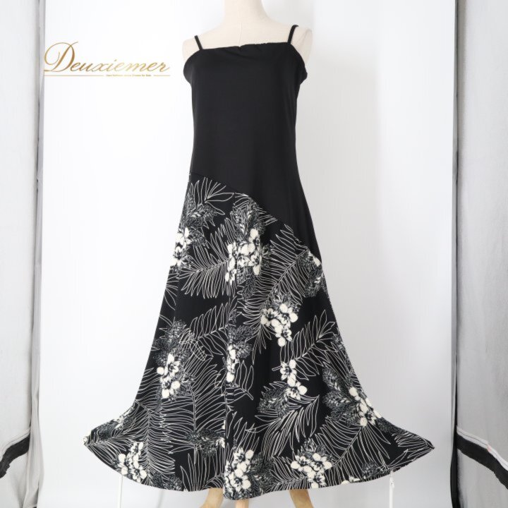 【中古】 Oceanlluelird フラダンス 衣装 ワンピース ドレス ブラック系 ハワイアンプリント モンステラ柄 アロハ フラ ダンス レッスン 練習 黒 白 キャミソールドレス ダンス衣装 Lサイズ F063-2512019009786
