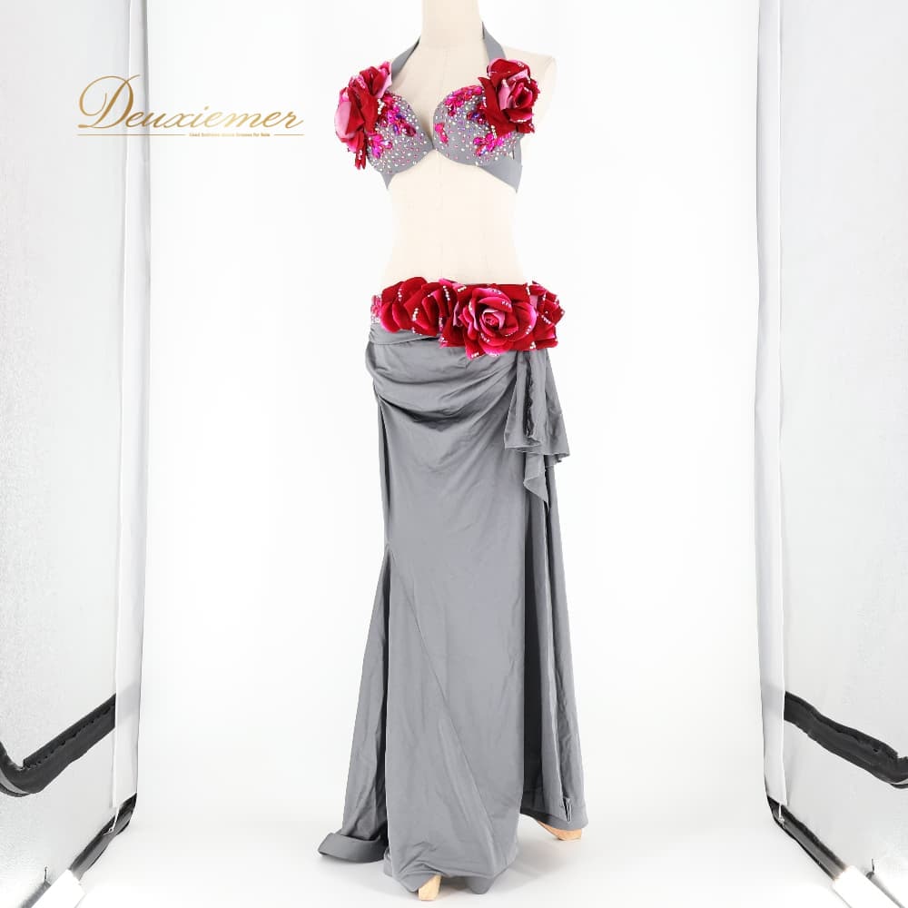 【中古】 POLINA ポリーナ ベリーダンス オリエンタル 衣装 上下セット グレイ系 トップス スカート 花 赤 伸縮 ストレッチ ラインストーン キラキラ 華やか スリット ダンス衣装 イベント ステージ F078-2513025001337