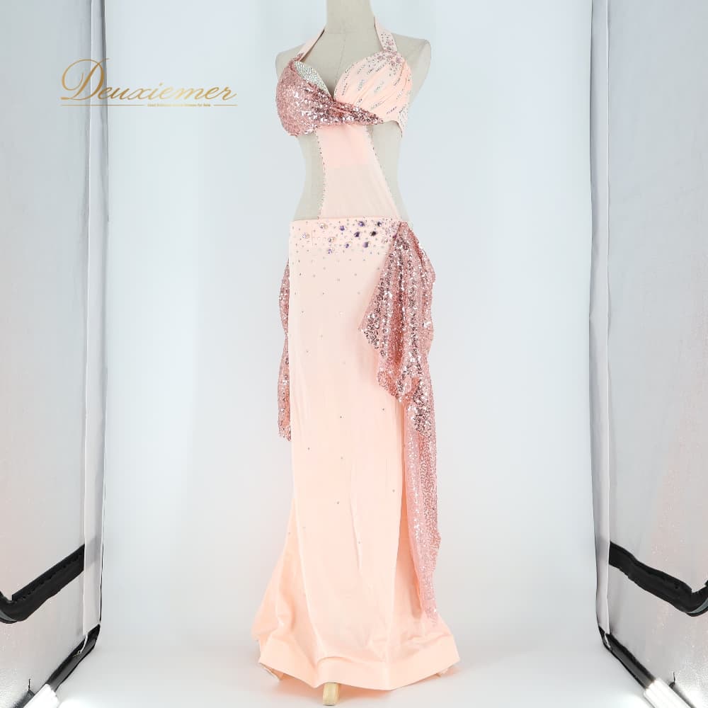 【中古】 POLINA ポリーナ ベリーダンス オリエンタル 衣装 ワンピース ドレス ピンク系 ラインストーン 一体型 伸縮 ストレッチ かわいい 淡い 華やか キラキラ ダンス衣装 イベント ステージ おしゃれ F079-2513025001344