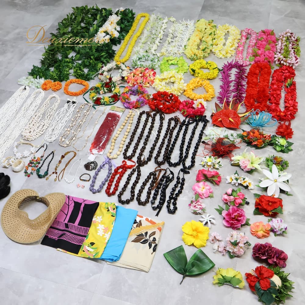 【中古】 フラダンス 小物 まとめ売り 100点以上 書き割り 花の冠 御花花の冠 ククイ 首飾り 甲殻花の冠 パレオ 派手 付属物 髪の毛ゼムクリップ 緑 黄 白 赤 紫 さくら色 髪の毛付属物 タヒチアン 白いこと系 緑であること系 さくら色系 青碧系 Z001-9912898000059