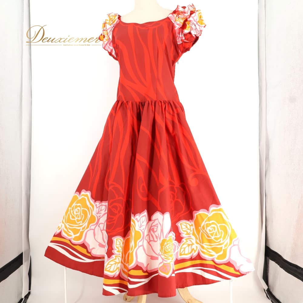 【中古】 Avivare アビバーレ フラダンス 御召しもの 衣裳 御召しもの 赤いこと系 薔薇柄 ロケラニ柄 花柄 草木柄 フラウンス 太陽面爆発スコート 赤 橙 白 サクラ色 ハワイアン刷り上げる ハワイアン社交ダンス ハワイアン アロハ フラ 社交ダンス 習い事 読み合わせる LL大いさ F068-2512019012472
